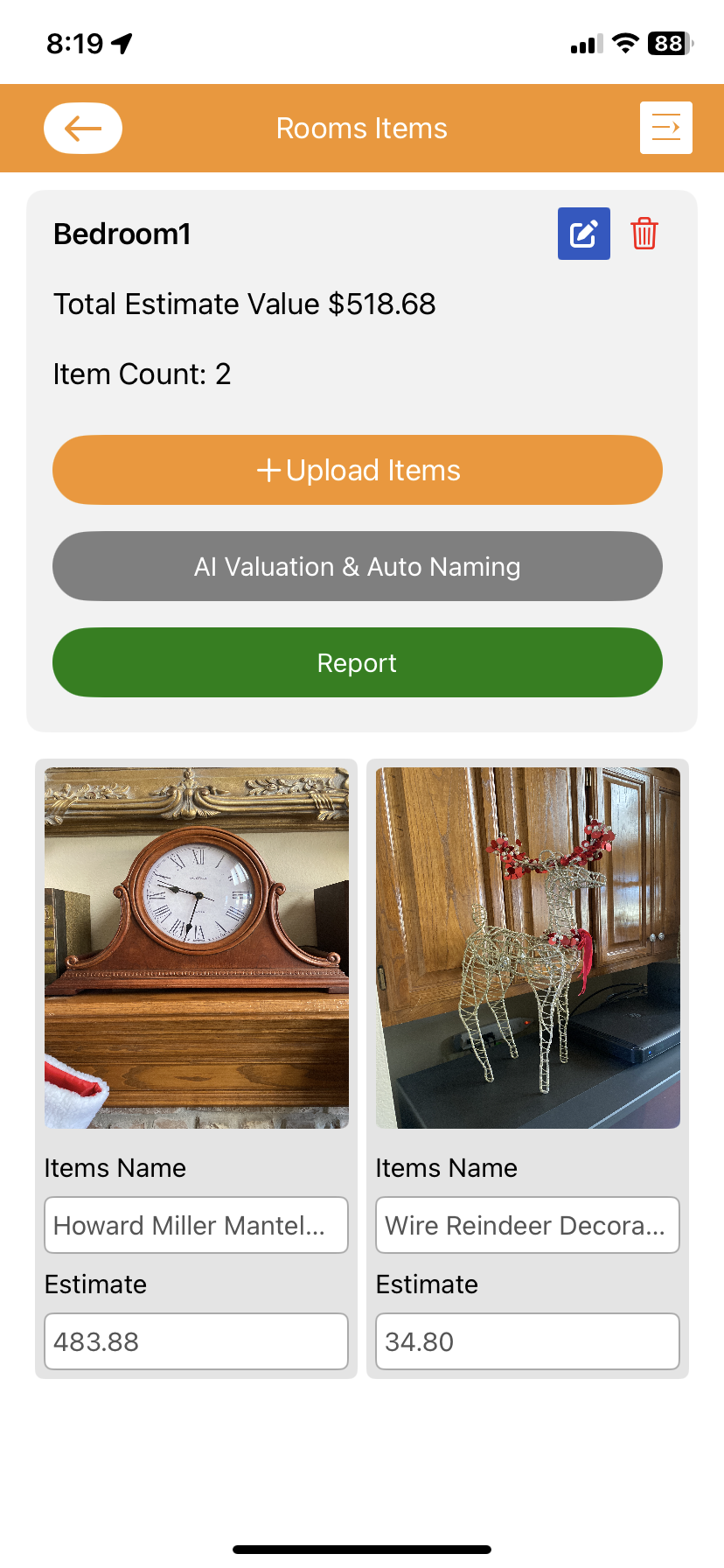 uTakeStock room inventory screen with item estimates